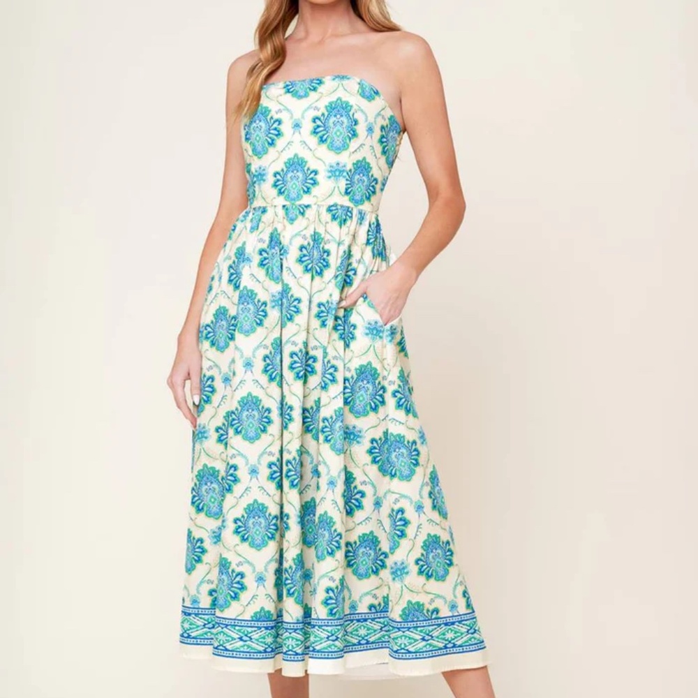 Flying Tomato Strapless Midi Dress in White with Blue & Teal Floral Print